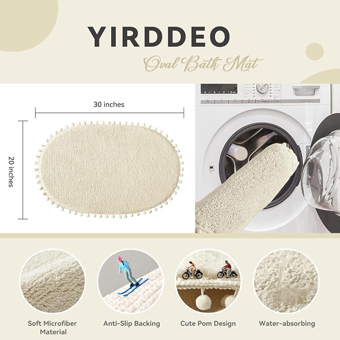 YIRDDEO Oval Rug for Bathroom, Cute Boho Bath Mat with Pom, Cream White | Soft Plush, Absorbent, Quick Dry, Machine Washable, Non Slip Bath Mat for Bathroom Shower Floor Home Decor