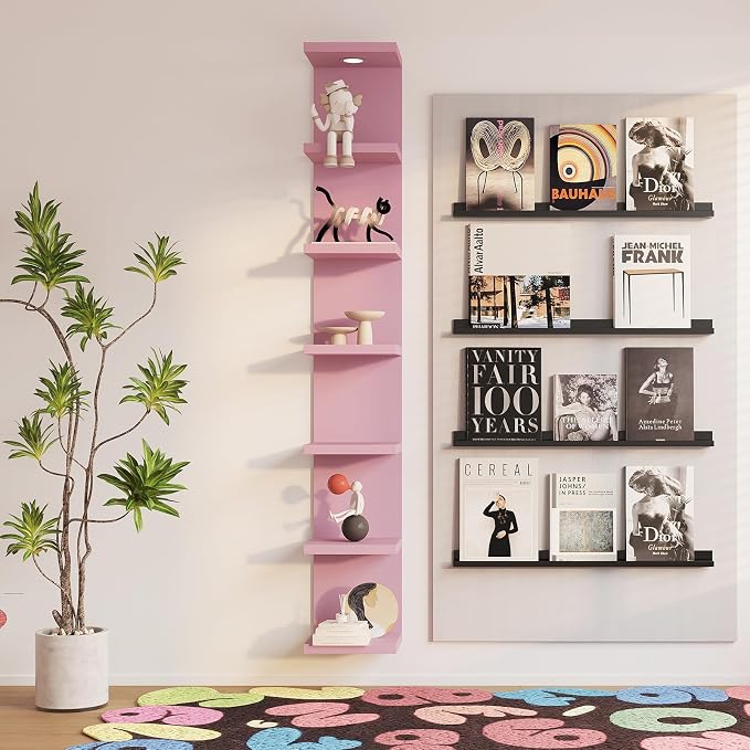 LitaEther Versatile 7 Tier Wall Shelf Unit,Pink Lack Wall Shelf,Display Floating Shelf with LED Remote Control Light