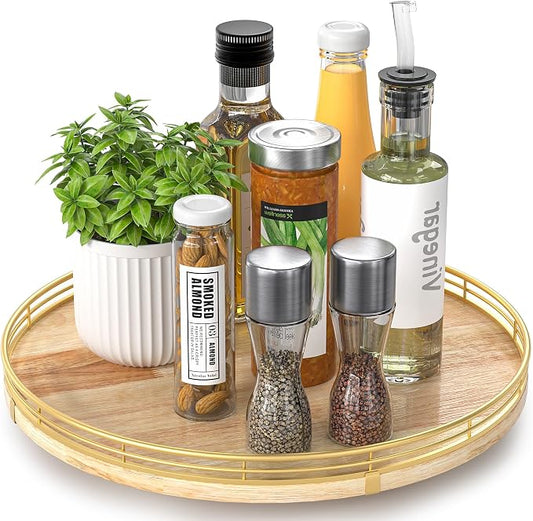 AMH 13-Inch Farmhouse Oak Lazy Susan Cabinet Organizer | Smooth rotating oak tray with walnut finish for dining tables, kitchen counters, pantries and cabinet storage.