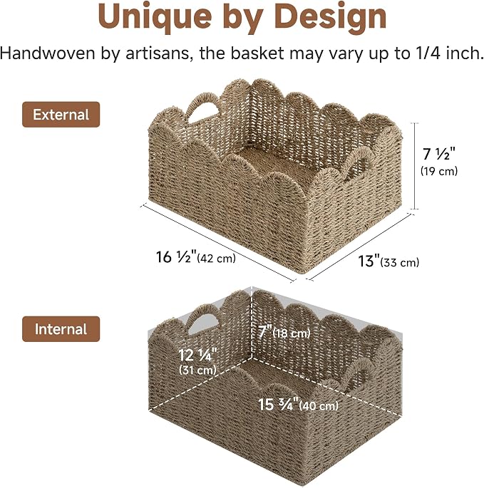 StorageWorks Scalloped Seagrass Baskets, Large Scalloped Basket for Nursery | Scalloped Wicker Basket for Living Room, Decorative Scalloped Baskets for Storage, Wicker Baskets for Organizing and Decor