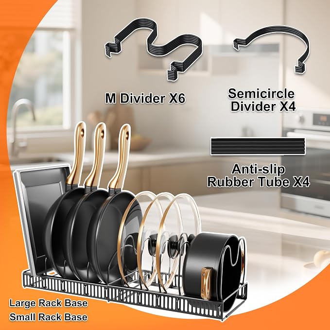 Pots and Pans Organizer Rack for Under Cabinet Expandable Pot Lid holders inside Organizer 10 Adjustable Divider Pan organizer 11.81''-22.85'' Pan lid organizer for cabinet Organizer for Bakeware