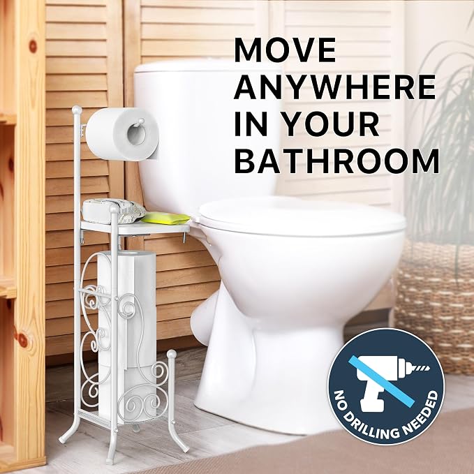 Simple Houseware English Style Toilet Paper Stand Holder w/Woodtop, White | 4 Paper Rolls, 8.5" x 8.75" x 29.2"