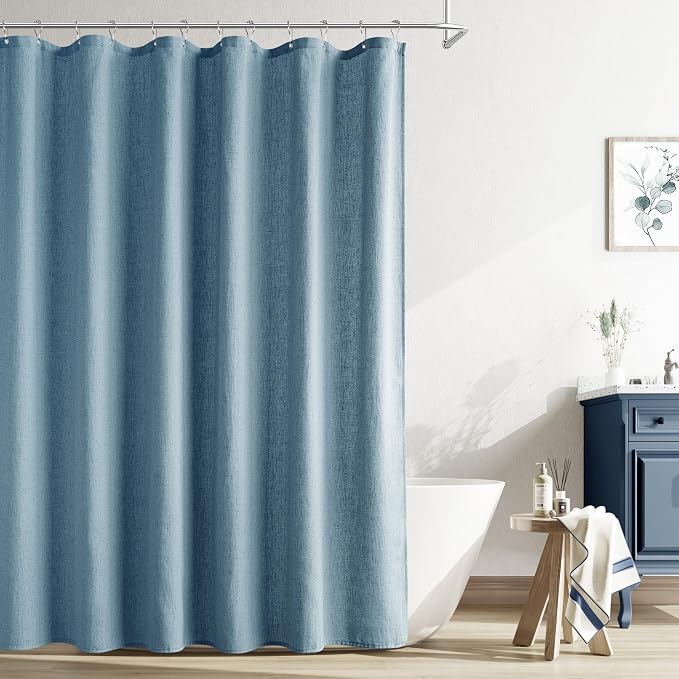 Blue Linen Shower Curtain, Cloth Textured Fabric Shower Curtain Set with Hooks, Simple Elegant Modern Farmhouse Country Ultra Thick Bath Curtains for Bathroom,Water Repellent,72x78