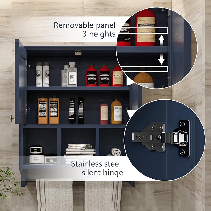 Bathroom Wall Cabinet, Wall Mounted with Towel Bar & 6 Shelves - Over Toilet Storage Organizer, 2-Door Medicine Cabinet, Adjustable Bathroom Shelves(Blue)