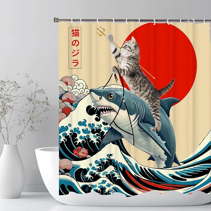 Funny Japanese Cat Shower Curtain, Vintage Cat Riding Shark Japan Anime Sunset Wave Waterproof Shower Curtain with Hooks, Animal Fabric Shower Curtains Bathroom Decor 72X72inches