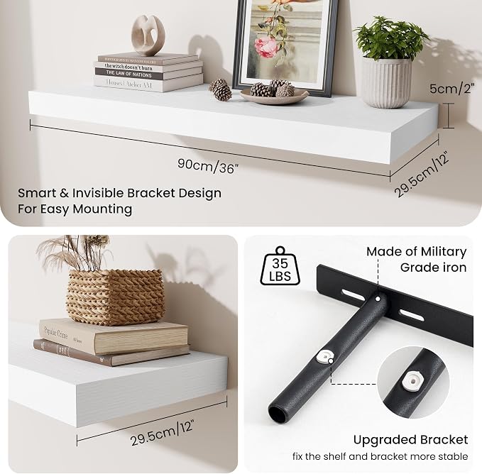 Fun Memories 12" Deep Floating Shelves for Wall, 36" W x 12" D Floating Shelves, Long Wood Floating Wall Shelf for Living Room Bathroom Bedroom Kitchen, White, Set of 2