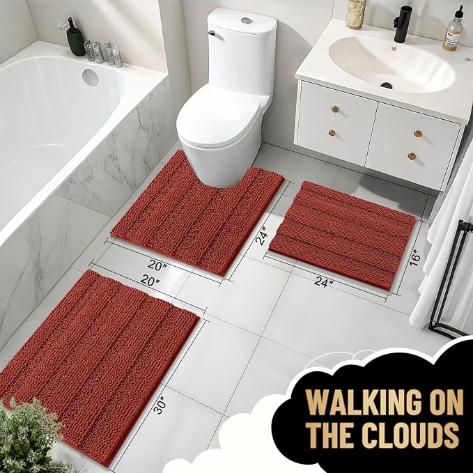 OLANLY Thick Bathroom Rugs 36x24, Chenille Bath Rugs, Rustic Terracotta | Rubber Backing, Machine Wash, Extra Absorbent Striped Bath Mats for Bathroom Floor, Tub and Shower, Home Decor Accessories