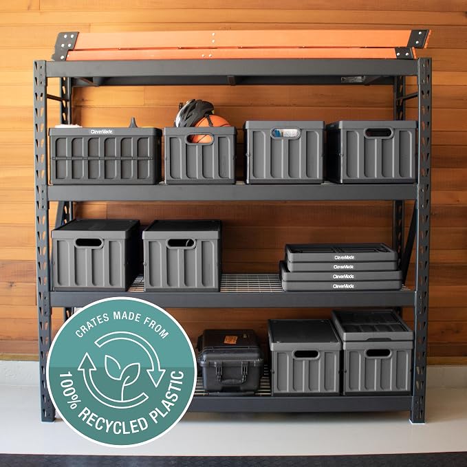 CleverMade Collapsible Storage Bins with Lids, 46L, 3 Pack, Obsidian | Keep Stored Items Covered and Stackable | Each Bin Holds 75 lb, the Lid Stores Underneath, and the Crate Folds to 2.5 Inches
