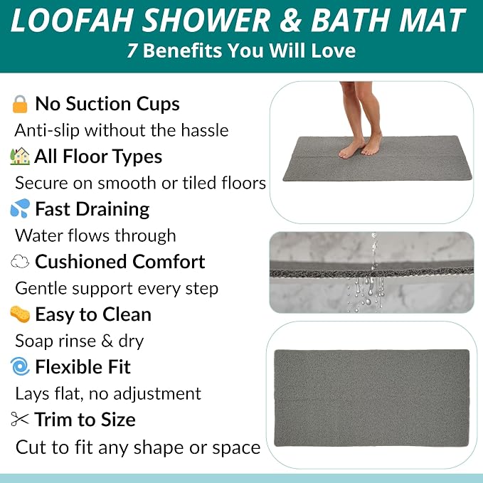 Anti Slip Shower Mat - Non Slip Shower Mats for Inside Shower - Large 47x24 Loofah Shower Floor Mat Non Slip - Bath Mat for Shower - Secure Mat Without Suction Cups (47x24 Gray)