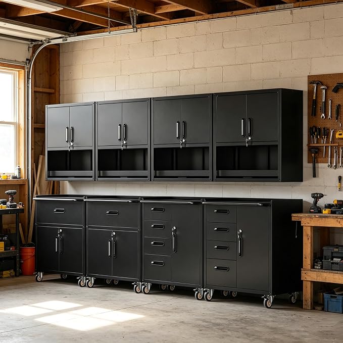 Garage Storage Cabinet System,Wall Cabinet & Locking Rolling Tool Cabinet with Doors and Adjustable Shelves