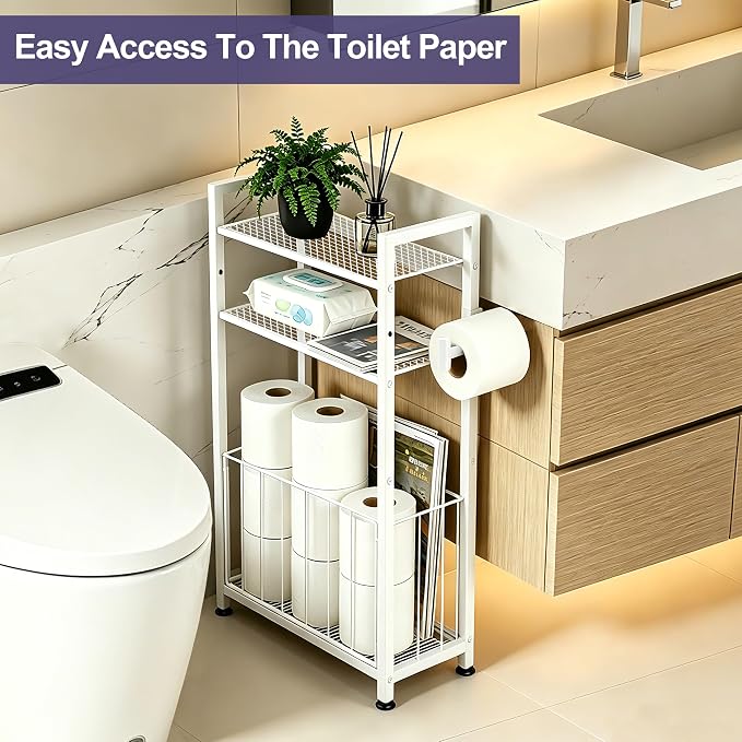 Freestanding Toilet Paper Holder with Storage for Small Bathrooms, White | Space-Saving Bathroom Organizer for Small Spaces, Toilet Roll Holder Stand Keeps Rolls Clean & Dry