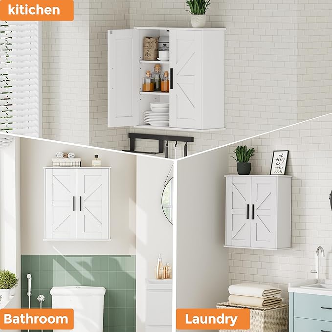 Homleke Bathroom Wall Cabinet, Medicine Cabinet with Adjustable Shelves | 3-Tier Wall Mounted Over Toilet Storage with Barn Doors, for Bathroom, Kitchen, Entryway, Laundry Room, White, (7.9" D)