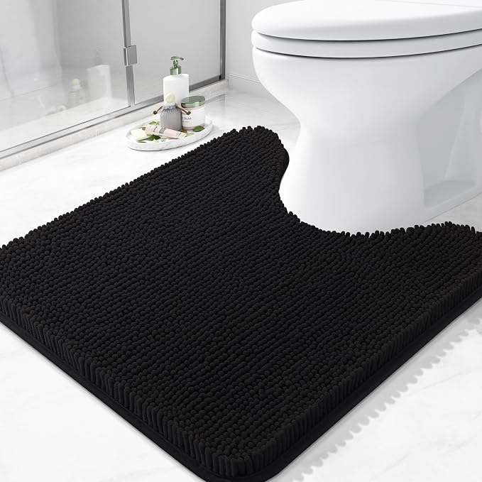 Arotive Bathroom Toilet Rugs Chenille U Shaped 24x24, Black | Extra Soft Absorbent Shaggy Chenille Contour Bath Rugs for Toilet, Machine Washable Rubber Backing Contoured Bath Mats