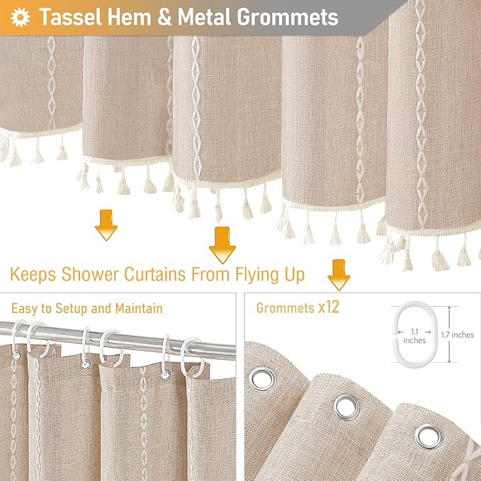 72x84 Long Boho Farmhouse Linen Heavy Duty Shower Curtain, Tan/Taupe | Tall Size, 330GSM Linen Blend, Water Repellent, Vintage Striped Fabric, 12 Plastic Hooks, Rustic Country, Machine Washable