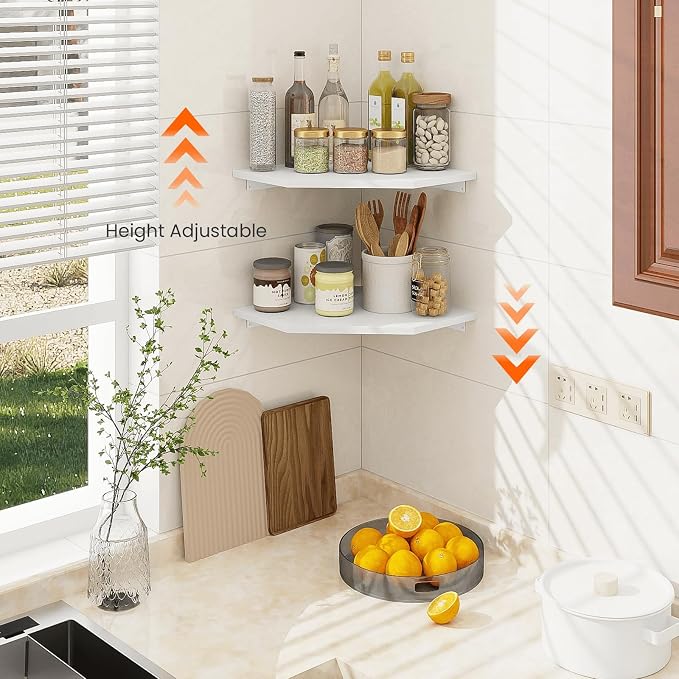 Corner Shelf Wall Mount, Set of 2 Corner Floating Shelves with Cord Hole for Speaker, Cable Box, 2 Tier Wood Hanging Storage Shelf for Bathroom Living Room Bedroom, White