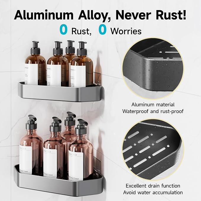 Veken Aluminum Corner Shower Caddy 4-Pack, Never Rust&Large Capacity, Grey | No Drilling Shelves, Rack with Soap Holder&Towel Bar, Super-Strong Adhesive for High Load, Bathroom Organizers and Storage