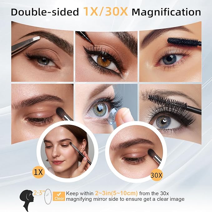 Travel 30X/1X Magnifying Mirror with Light Double Sided Mirror | Rechargeable Lighted Makeup Mirror with 3 Color Setting & Stepless Dimming, Adjustable LED Vanity Mirror