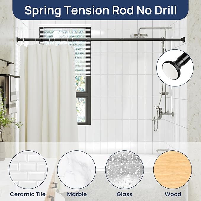 ENJOYBASICS 1" Black Shower Curtain Rod, 30-64" Adjustable, Secure Tension | Easy No-Drill Installation, No Tools, No Gaps, Sturdy Rust-Resistant Steel, Sag-Resistant Design, Tubs, RVs, Apartments