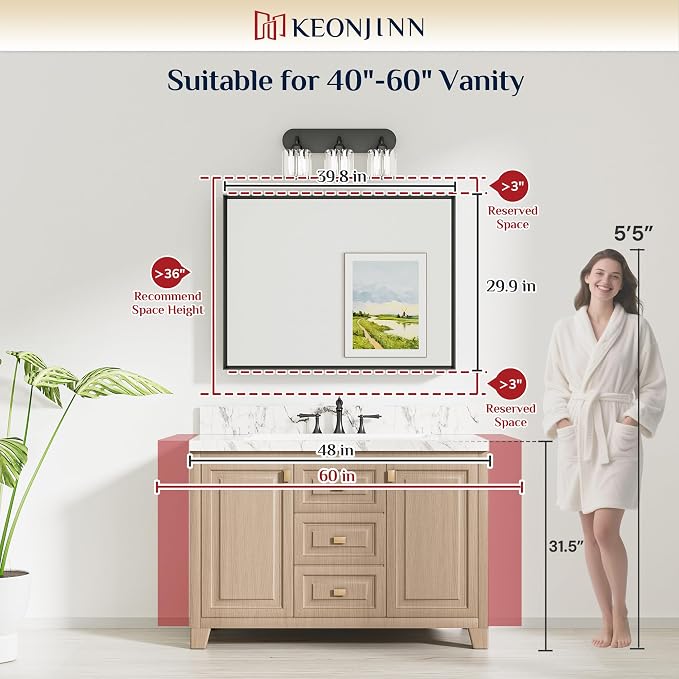 Keonjinn 40 x 30 Inch Brushed Nickel Bathroom Mirrors for Over Sink | Metal Frame, Rectangular Mirrors for Wall, Anti Rust, Rustic Bathroom Vanity Mirror, Safety HD Tempered Glass, Square Corner