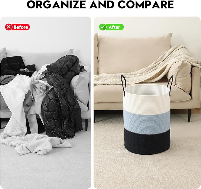 Laundry Basket Hamper Tall Rope Storage Woven for Blanket toys Dirty Clothes in Living Room Bathroom Bedroom (Gradient Blue, 80L/21.3Gal)