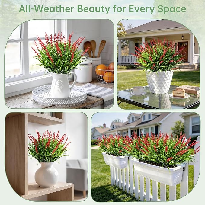 Gipsot 15 Bundles Artificial Faux Plants Flowers UV Resistant No-Fade, Adjustable Height Fake Greenery Indoor & Outdoor Decor for Window Garden Porch Patio Pathway Hanging Planter Front Yard, Red