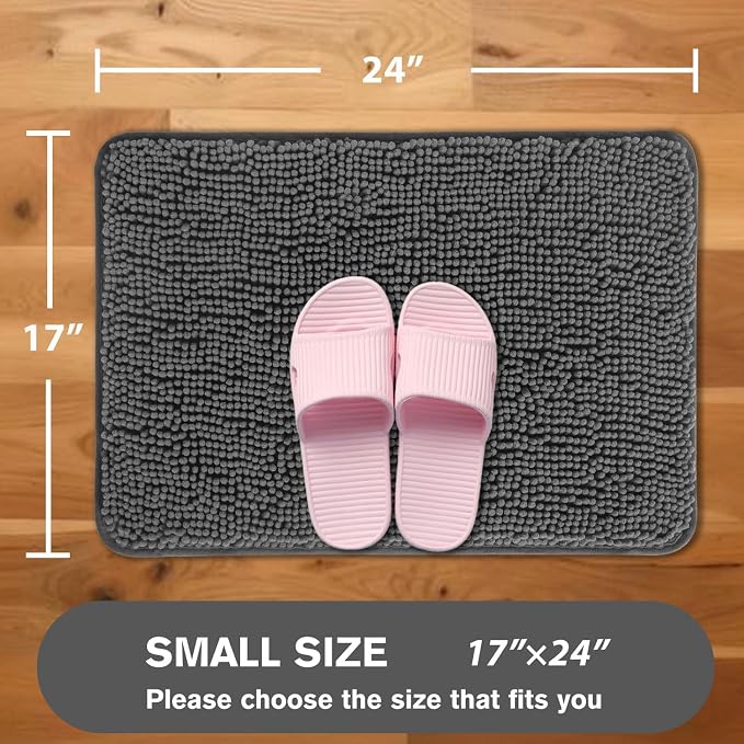 Gray Bathroom Rugs – Absorbent and Washable Bath Mat, Non-Slip, Thick Soft Chenille Bath Rugs for Bathroom Floor, Shower, Sink - 17" x 24"