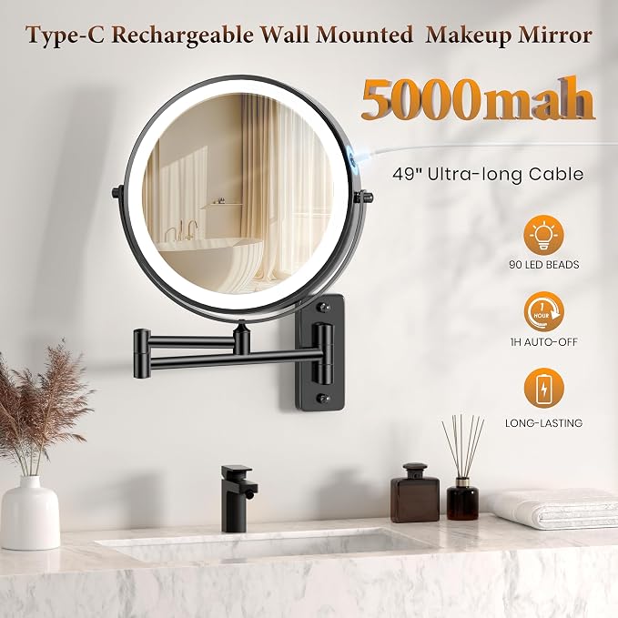 9" Large Wall Mounted Lighted Makeup Mirror, 5000mAh Rechargeable 1X/20X Magnifying Mirror with 3 Color Lights Touch Dimmable, Extended Arm 360° Swivel Bathroom Wall Mounted Makeup Mirror,Black Nickel