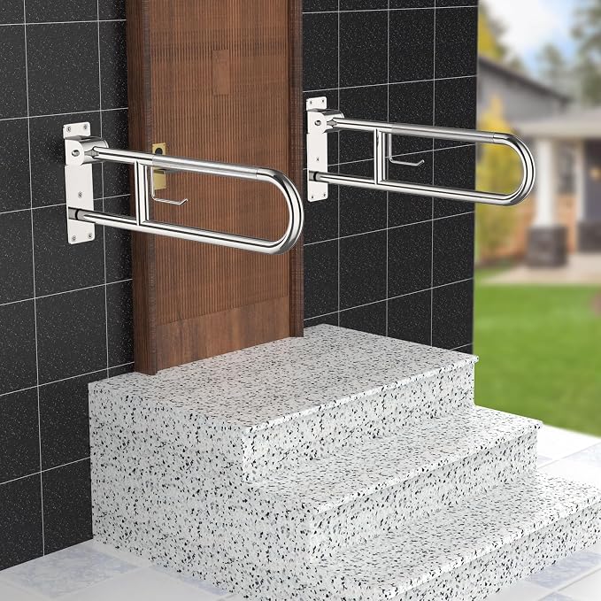 Folding Toilet Grab Bar 32 Inch Chrome, Munzong Anti-Slip Handicap Grab Bar | Flip-Up Bathroom Safety Rails Stainless Steel Knurled Support handrails for Seniors Elderly Disabled Pregnant
