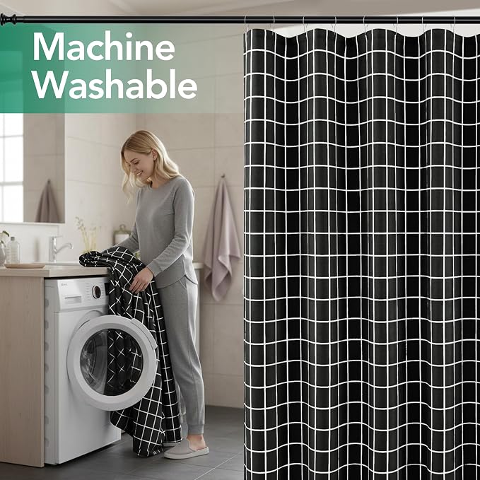 Biscaynebay Fabric Black Shower Curtain for Bathroom-Modern Farmhouse Faux Linen Textured Grid Plaid Shower Curtains, Minimalist Simple Geometric Neutral Decor Machine Washable-70x72 Inches