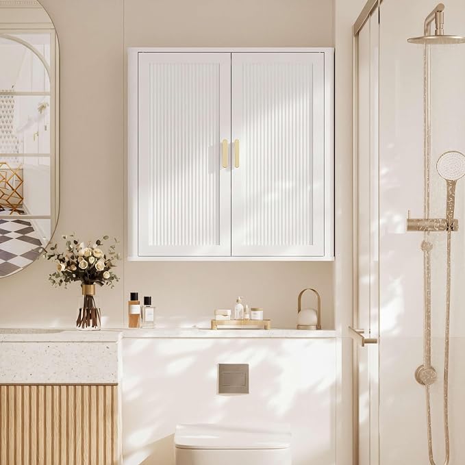 Bathroom Storage Cabinet, Over The Toilet Storage Cabinet, Medicine Cabinet with Adjustable Wood Shelf & Doors for Laundry Room & Kitchen & Living Room(White)