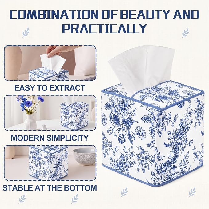 Blue Fabric Tissue Box Cover Floral Print Cotton Tissue Box Decorative Square Napkin Holder Vintage Cottagecore Home Decor for Bathroom Bedroom Vanity Countertop Home Office Kitchen