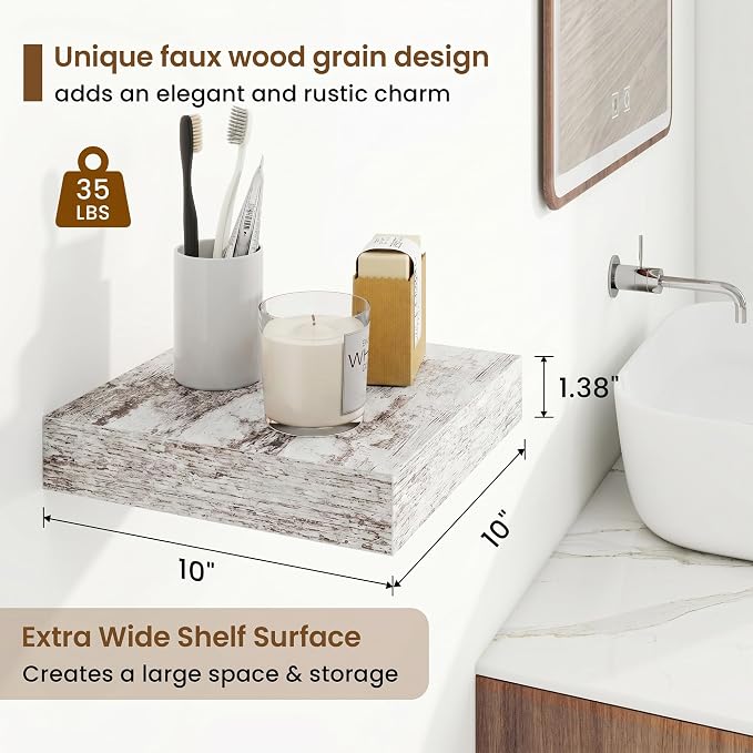 Marsmiles 9.25in Depth Floating Shelves, 10x10x1.4, Vintage White, Set of 3 | Small Wall Mounted Square Shelves, Engineered Wood, Invisible Brackets, Living Room, Bedroom, Bathroom, Kitchen Decor