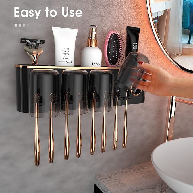 iHave Toothbrush Holders for Bathrooms Wall Mounted with Dispenser & 4 Cups | 12 Slots Wall Mount Toothbrush Holders for Bathrooms with Squeeze Toothpaste Dispenser, 4 Cups & 4 Compartments Organizer