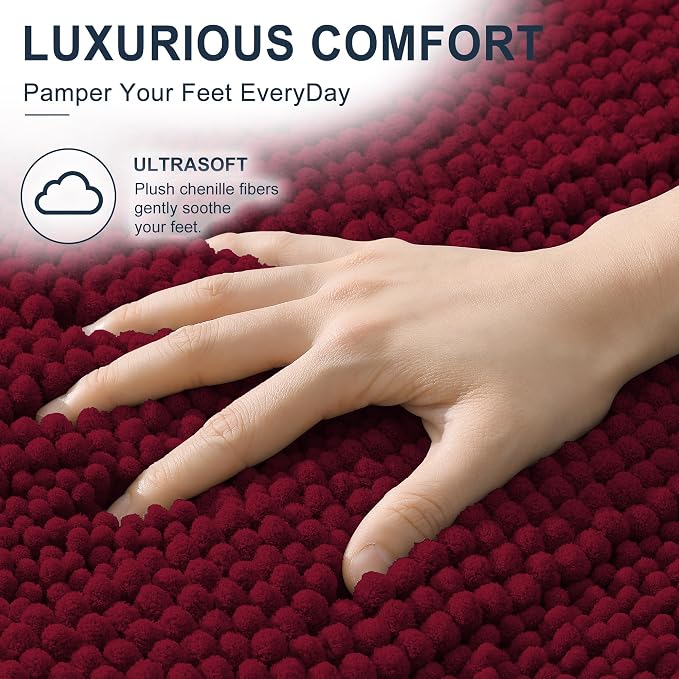 Smiry Thick Chenille Toilet Rugs U-Shaped 24x20, Soft Bath Mat, Burgundy | Absorbent Striped Contour Bathroom Rugs, Machine Washable, Dry Quickly, Non‑Slip, Modern Home Decor Accessories