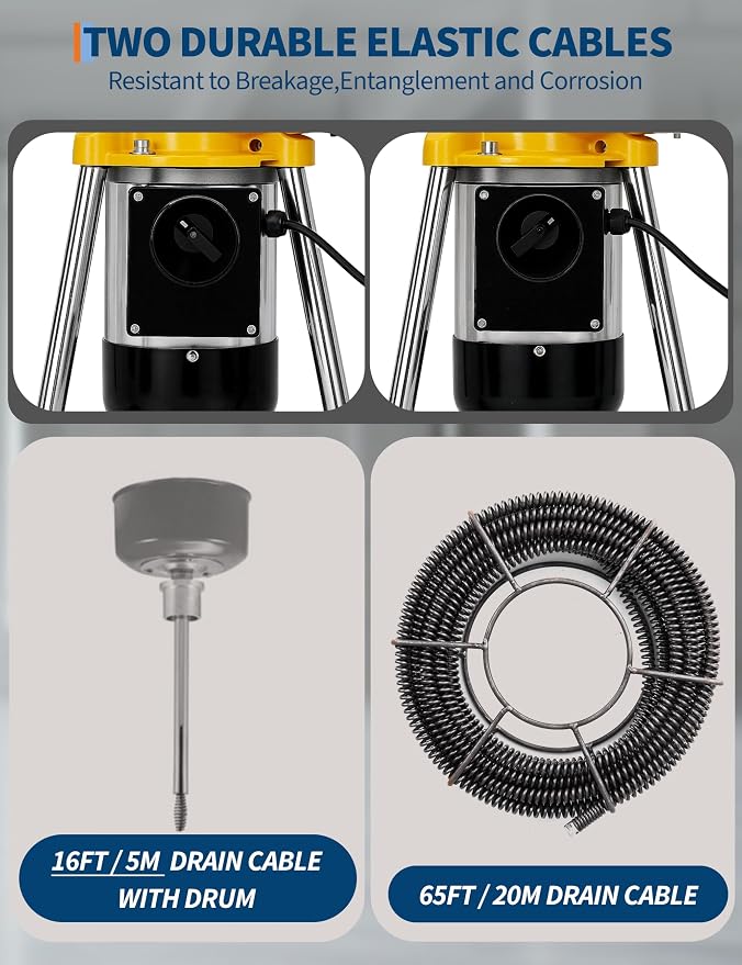 500W 400 RPM Auto Feed Electric Drain Cleaner Machine (66FT x 5/8" + 16FT x 3/8", Yellow and Sliver) | Portable Drain Cleaning Auger Sewer Snake with 66 ft x 5/8" & 16 ft x 3/5" Steel Cables & 6 Cutters, for 1.6"-4" Pipes