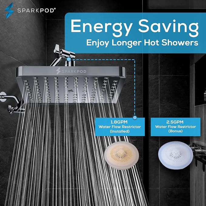 SparkPod Rain Shower Head, 8 Inch Square, Charcoal Grey Finish | High Pressure Shower Heads, 90 Nozzles, Adjustable Showerhead, No Tools Needed, Universal Connection