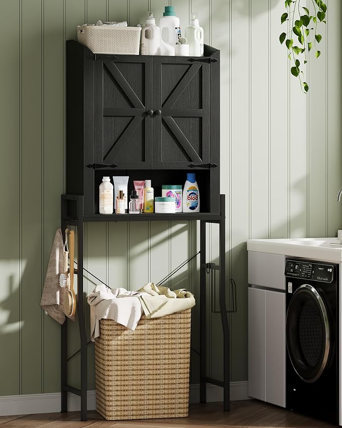 Over The Toilet Storage Cabinet with 2-Door & Metal Stand, Black | Toilet Paper Holder, 3 Extra Hooks, Anti-Tipping Device, With Adjustable Shelves, for Bathroom, Restroom, Laundry