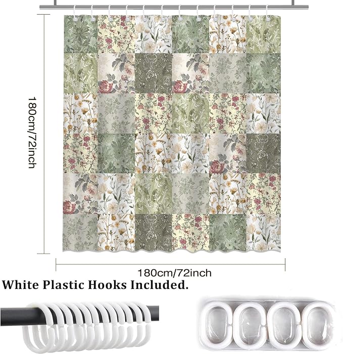 Shower Curtains for Bathroom, Boho Shower Curtain, Vintage Boho Green Floral Bathroom Decor Bath Curtain, Mid Century Waterproof Retro Farmhouse Patchwork Floral Shower Curtain, 72 X 72 Inches