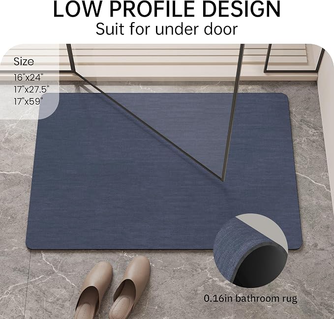 Mecko Bath Mat 24"x48",Ultra Thin Bathroom Rug fit Under Door Navy Blue | -Non-Slip, Quick Dry, Absorbent Bathroom Rug Suit for Tile floors, Easy Care Shower Rug in Front of Bathtub, Sink, Shower