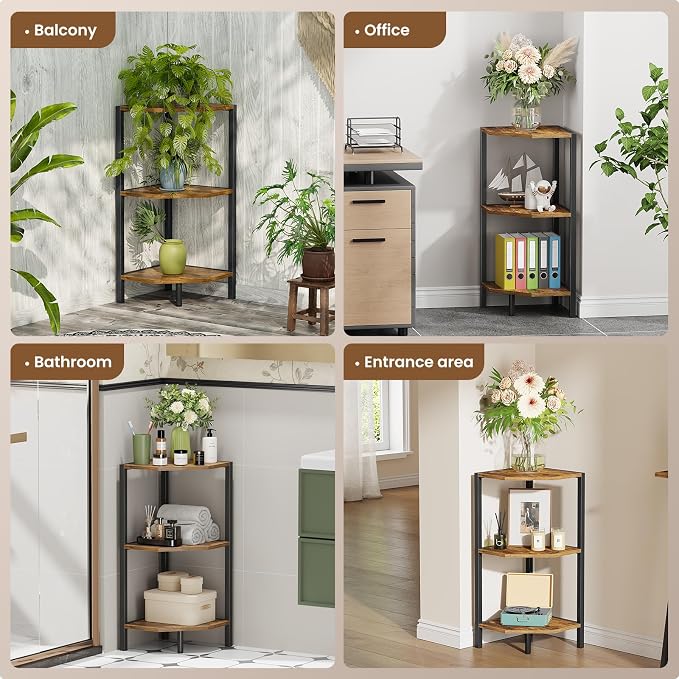 Creso hom Corner Shelf, 3-Tier Industrial Corner Bookshelf with Metal Frame | Multipurpose Corner Display Rack for Living Room Kitchen Bedroom Office Organization and Storage, Rustic Brown