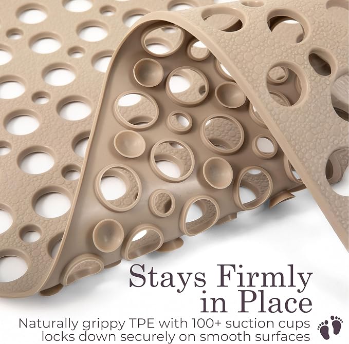Beige Non Slip Shower Mat and Bathtub Mat TPE Strong Suction Cups Aesthetic Bath Mat for Inside Shower with Soft Texture, Quick-Dry Drain Holes, Spa-Inspired Design 30x17” (75x43 cm)
