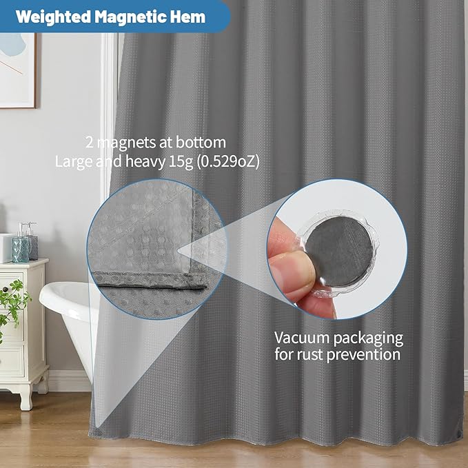 2-in-1 Waterproof Fabric Shower Curtain - No Separate Liner Needed, Hotel-Style Waffle Weave, Effortless Cleaning & Washable Bathroom Shower Curtain Set,72Wx96H,Grey