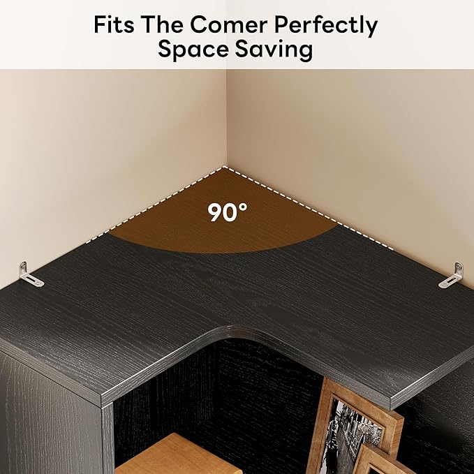 IRONCK Corner Bookshelf, 70.87" Tall Corner Bookcase with Drawers, Black | 90° design saves space. 110 lb capacity. Corner Shelf Storage Display Rack for Living Room Home Office