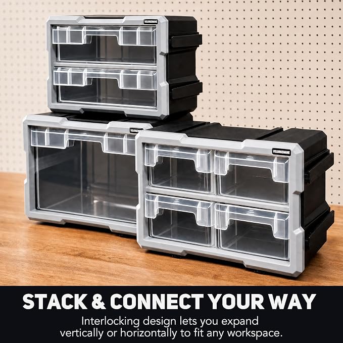 Modular Stackable Storage Organizer, 1 Clear Drawer Unit with Removable Handle, Interlocking Design, Wall-Mount Back Panel for Small Parts Storage