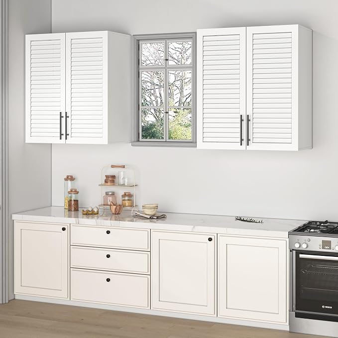 60" Laundry Room Wall Cabinet with Shutter Style Doors, Wall Storage Cabinet with Adjustable Shelf, Bathroom Wall Cabinet, Upper Storage for Laundry Room, Bathroom, Kitchen, Garage, White