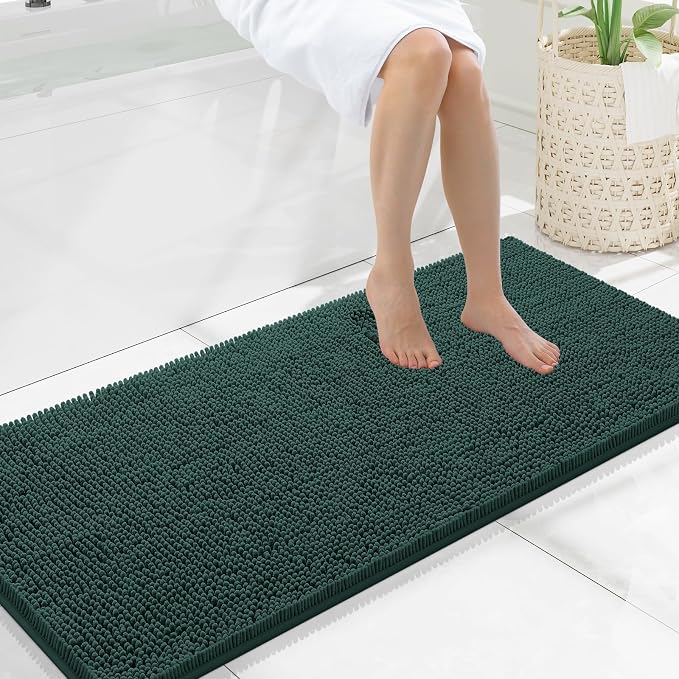 Smiry Bathroom Rugs 47X20, Luxury Chenille Extra Soft Absorbent Bath Mat | Green, Machine Washable Non-Slip Plush Bath Mats for Bathroom, Tub, Shower, and Floor, Home Decor