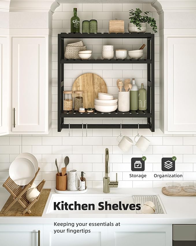 Galood Over The Toilet Storage Bathroom Shelves Wall Mounted 3 Tier Black-L | Space Saver Corner Shelf Organizer Bamboo Towel Rack Toilet Paper Cabinet with Hanging Rod