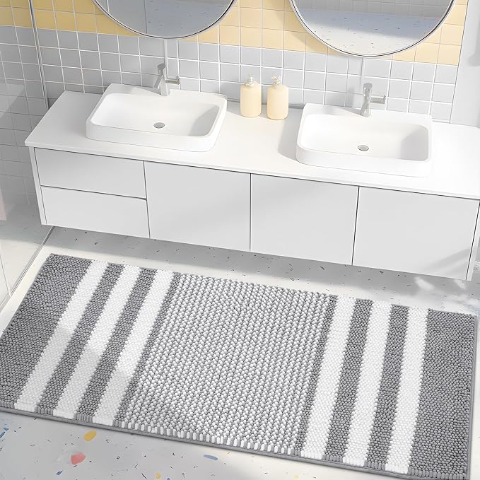 Bathroom Rugs, 47x20 Inch Extra Soft Absorbent Shaggy Chenille Bath Rugs, Non Slip Backing Quick Dry Machine Washable Modern Bath Mat for Bathroom Floor, Home Decor Accessories,Light Grey