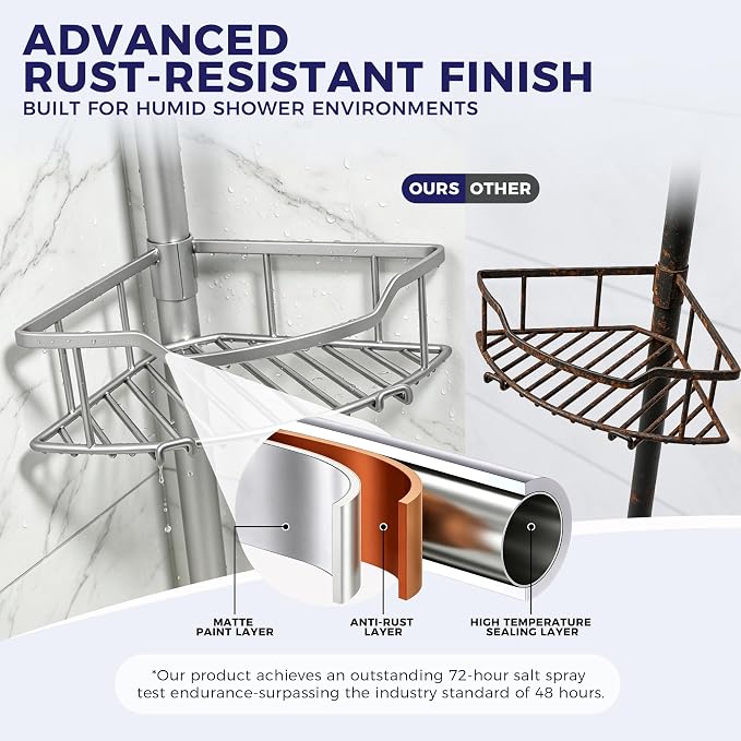 Corner Shower Caddy Tension Pole, 4-Tier Fan-Shaped Adjustable Rustproof Bathroom Organizer Shelves, 47"-125'', No-Drill Quick Installation for Inside Shower, Bathtub, Sliver (SILVER)