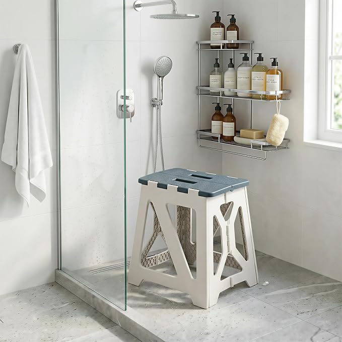 Folding Shower Chair seat is Suitable for Indoor Shower stools Elderly and Disabled People Shower Basin stools Shower stools for Shaving Legs (Blue Folding Shower Chair 15.7x8.3x12.5)